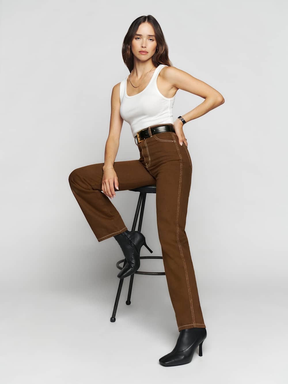Reformation Cowboy High Rise Straight Jeans in Chocolate Brown